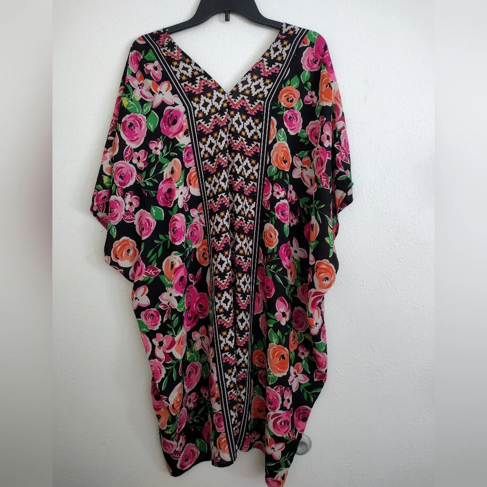 Fever Pink Orange Floral Aztec Kaftan Wrap Cover Up Size Medium